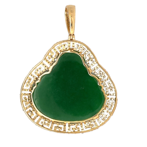 Back of the diamond jade buddha pendant. Shows 10K stamp on barrel. Light scratches on barrel.