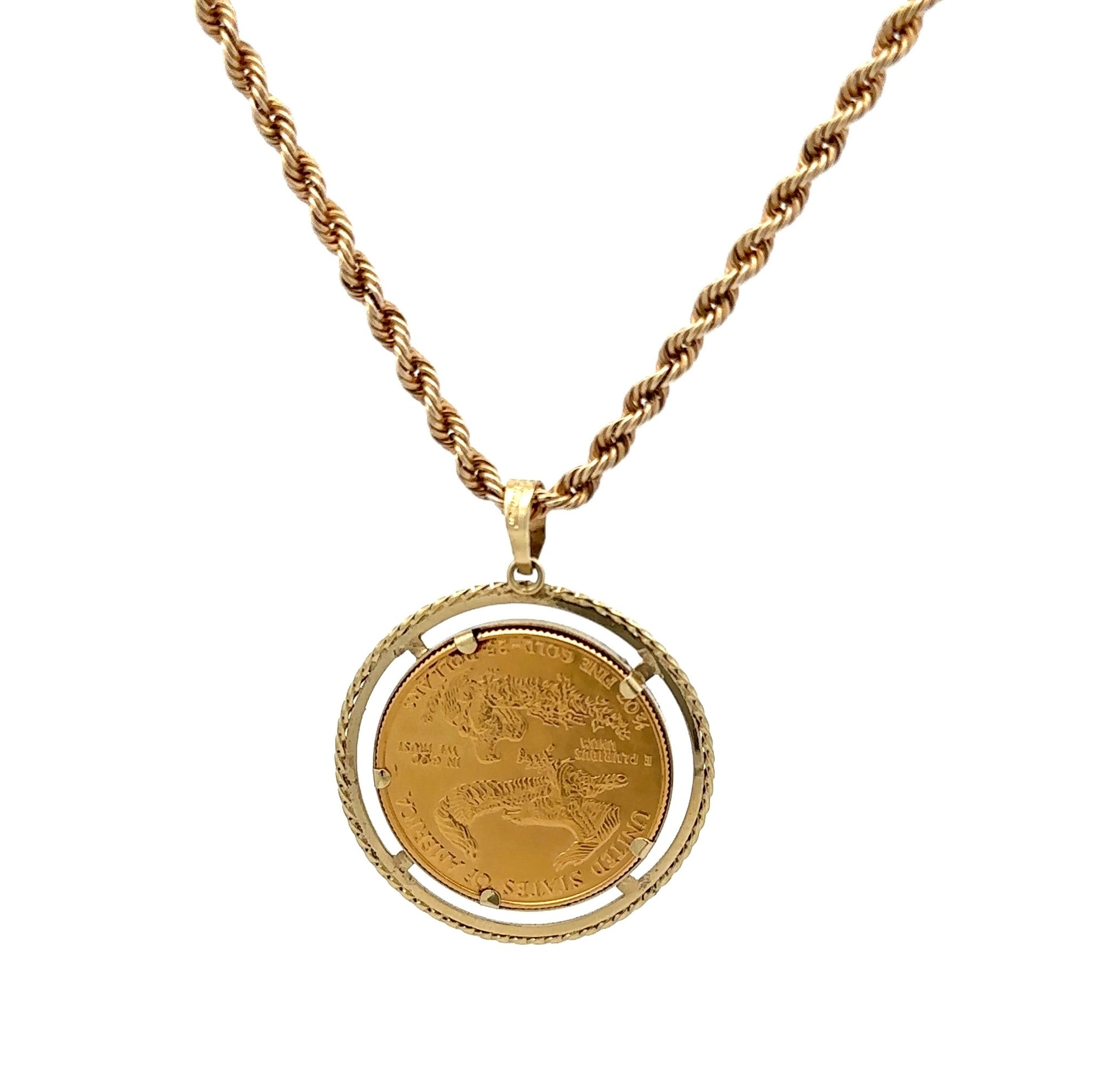 back of pendant with rope chain and rope-style bezel. The coin is upside down for it's backside