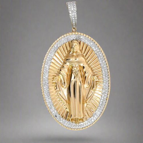 Front of the Mother Mary pendant. 2 rows of Diamonds on the outside and on barrrel.