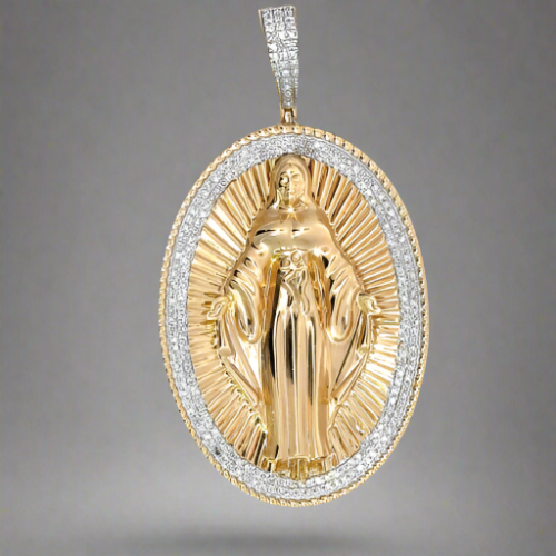 Front of the Mother Mary pendant. 2 rows of Diamonds on the outside and on barrrel. 