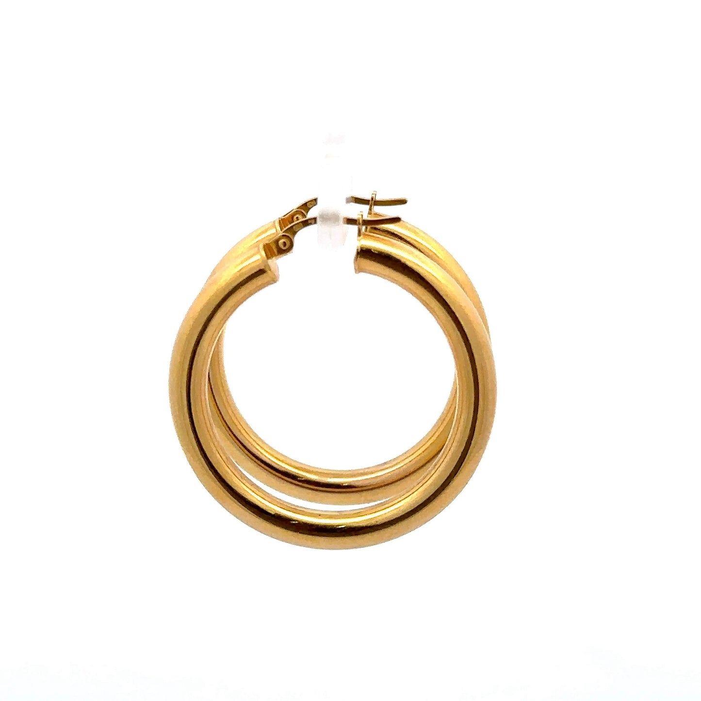 side of polished yellow gold hoops 