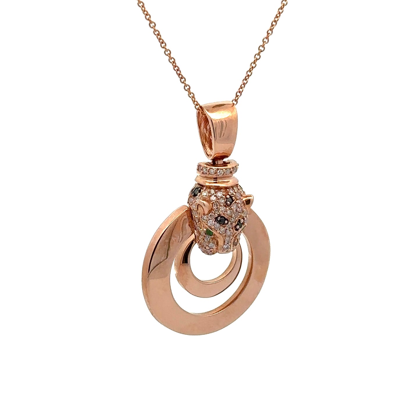 Diagonal view of rose gold pendant with diamond panther head