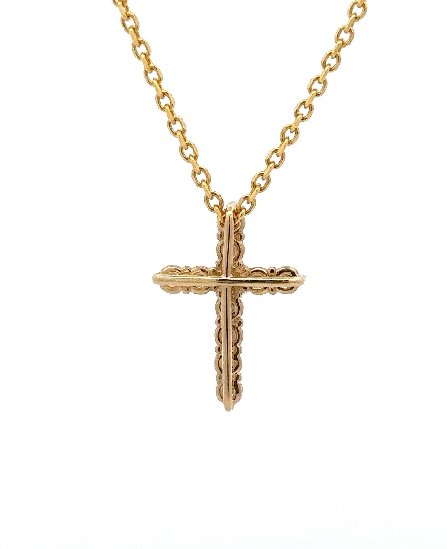 back of yellow gold cross necklace