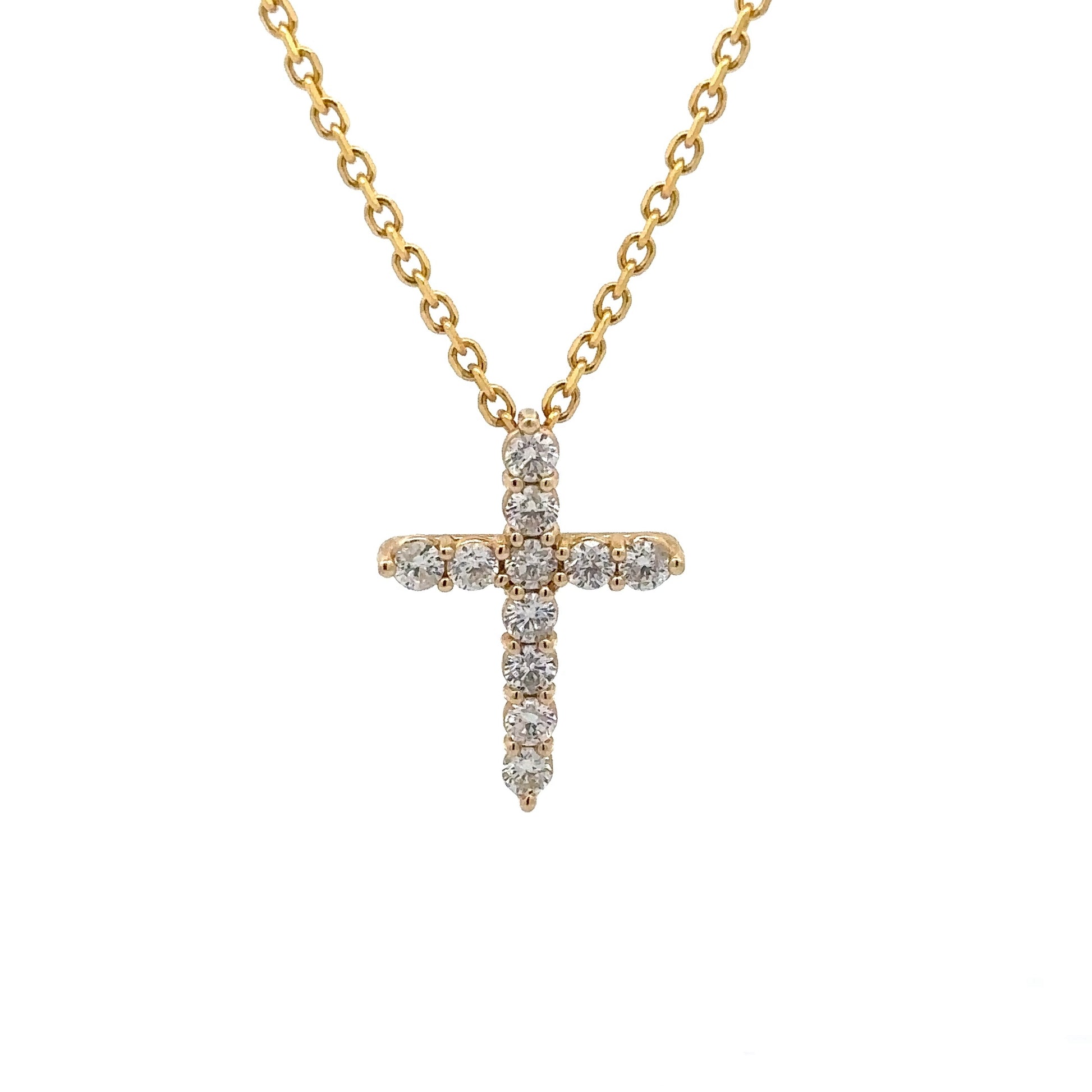 front of diamond cross necklace with 11 round diamonds