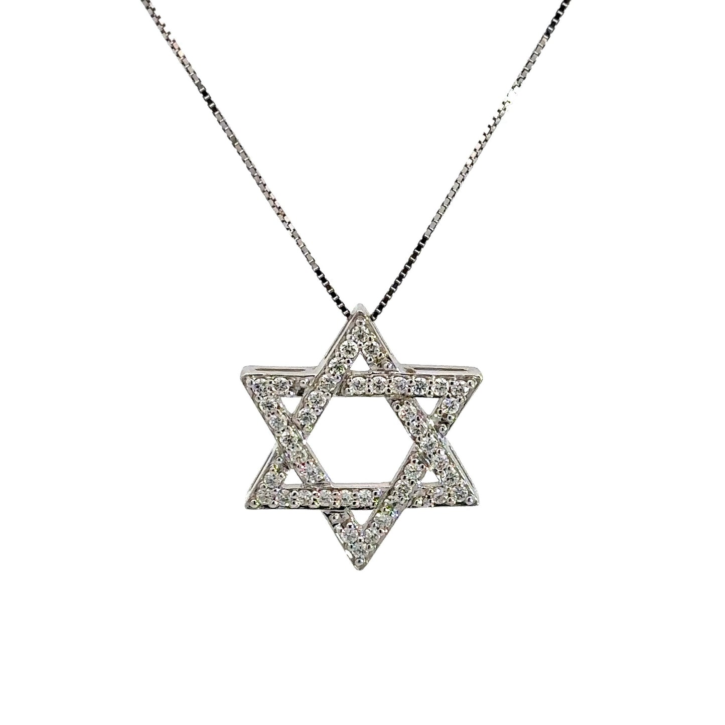 front of star of david necklace on thin white gold chain and white gold star