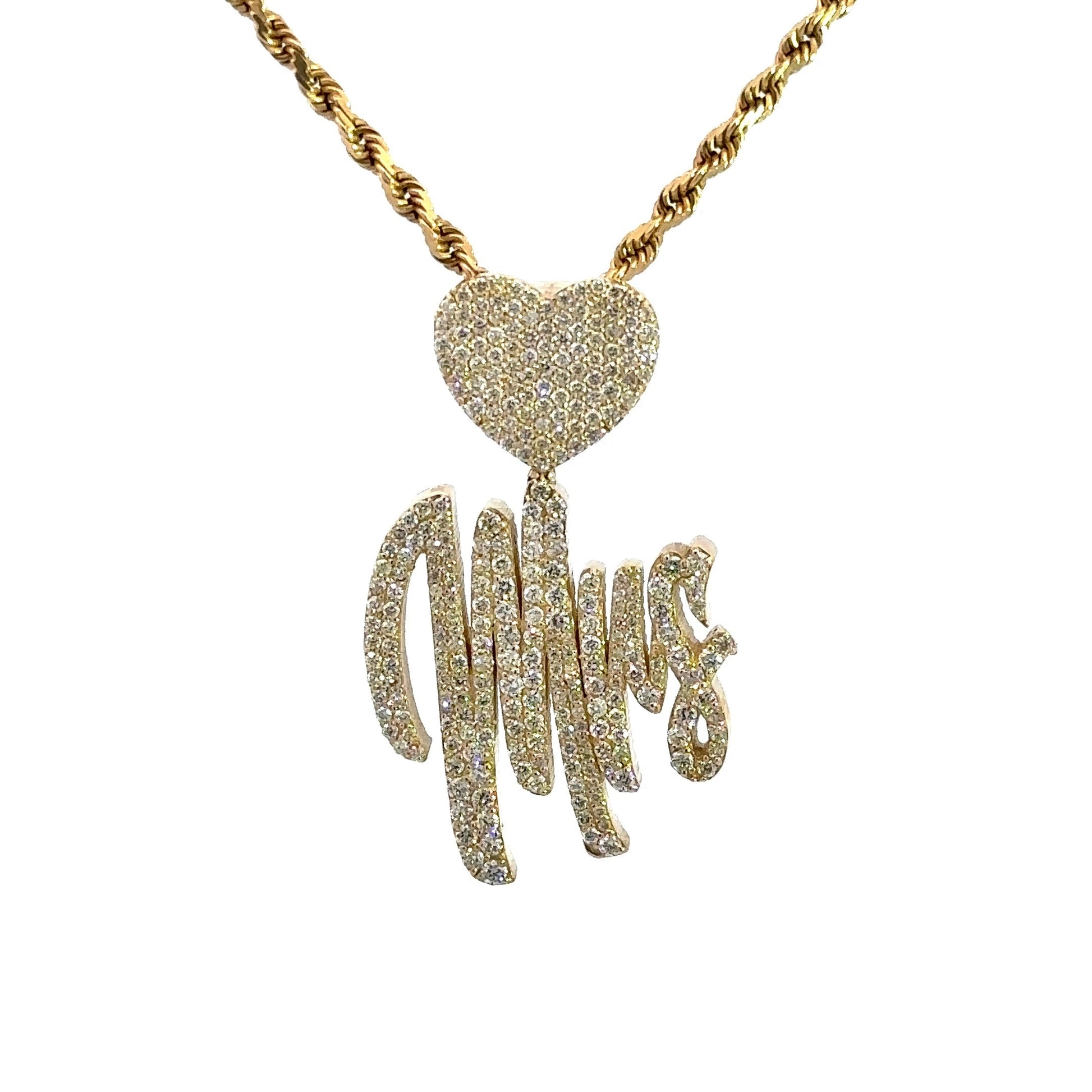 Front of yellow gold diamond Mrs. pendant with a heart and rope chain