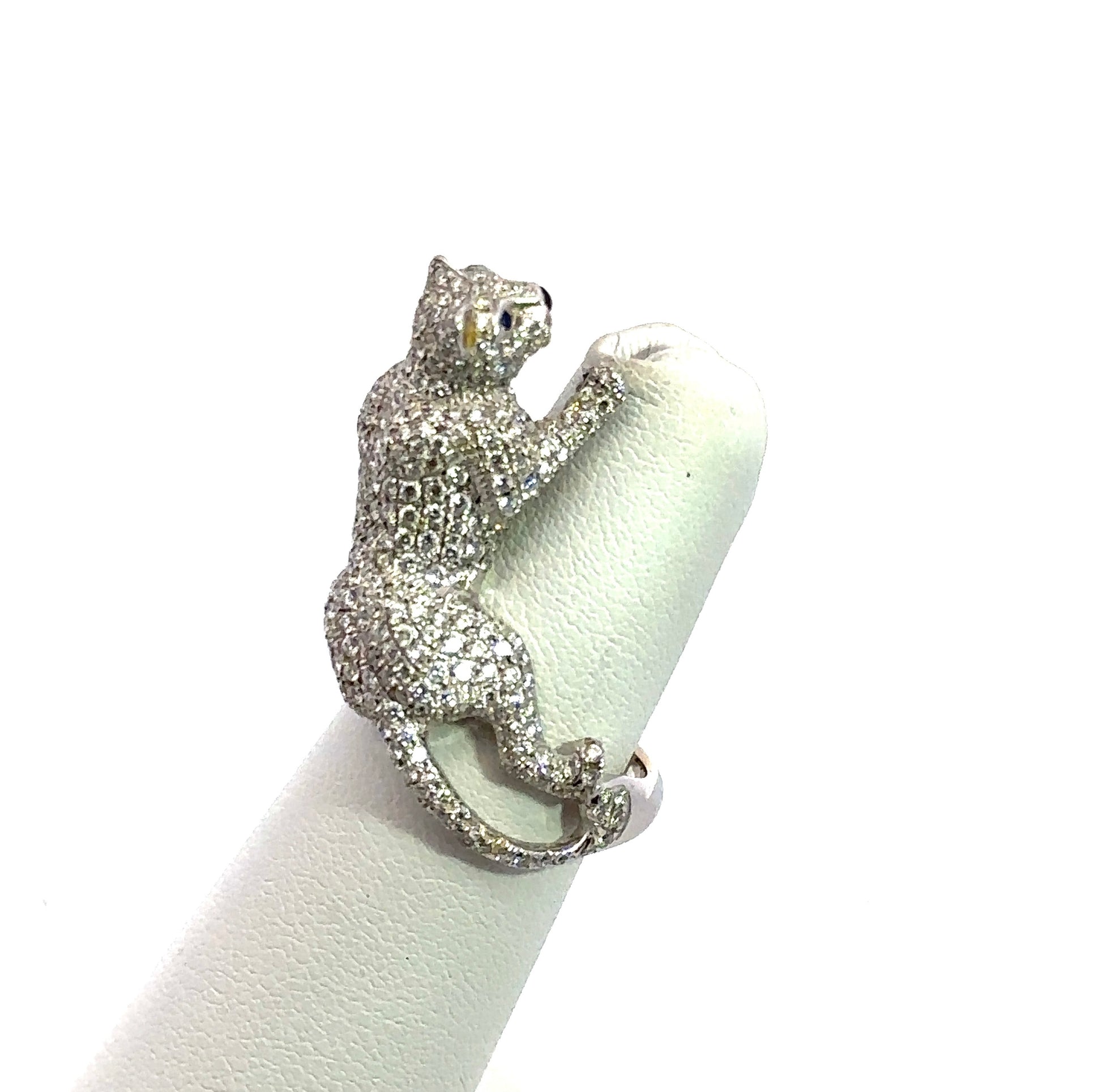 Diagonal back view of panther ring with diamonds throughout body