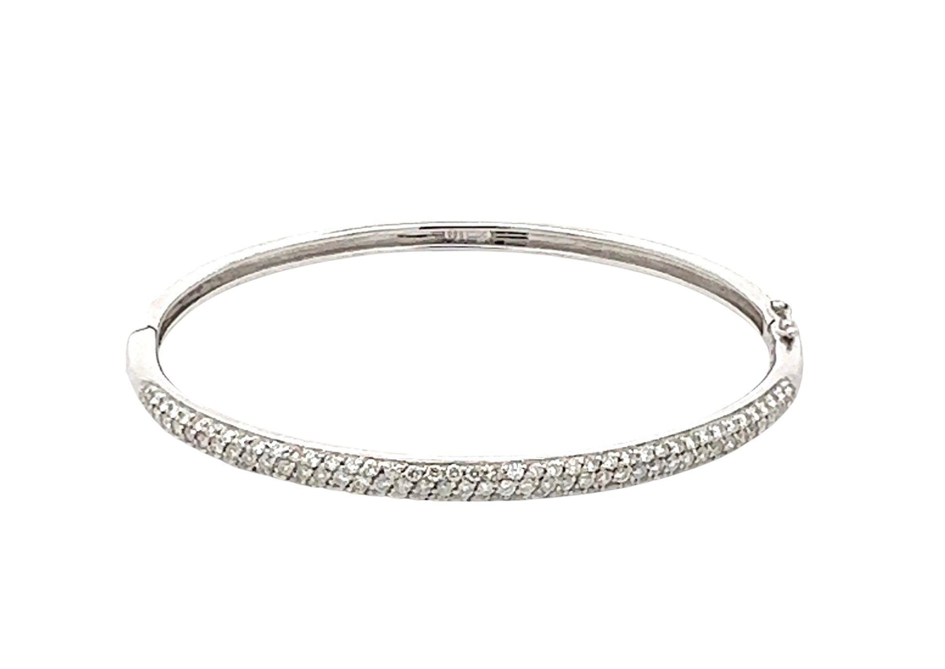 Front of diamond bangle bracelet. 3 Rows of Diamonds in half the bangle