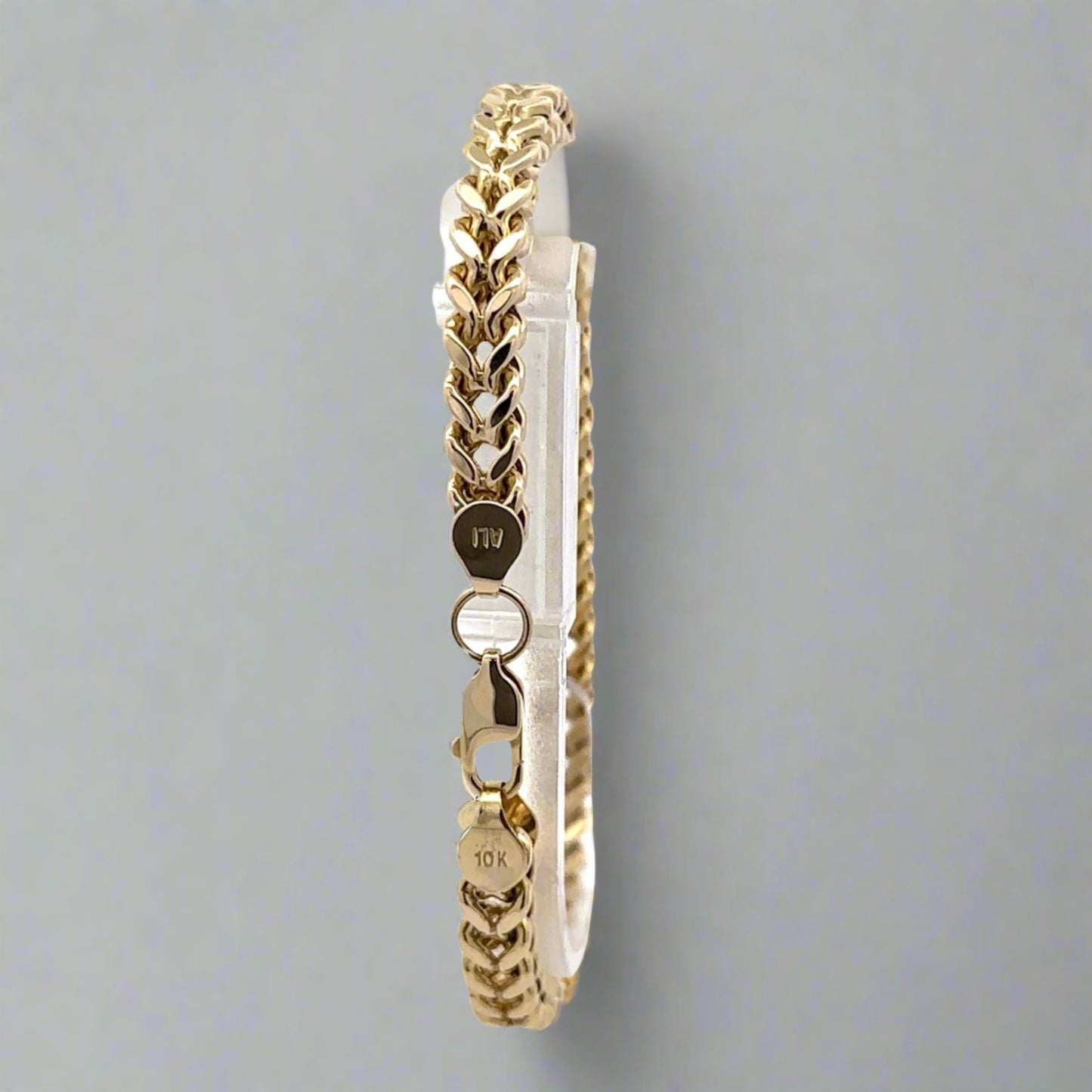 Back of yellow gold franco bracelet with 10K stamp on clasp