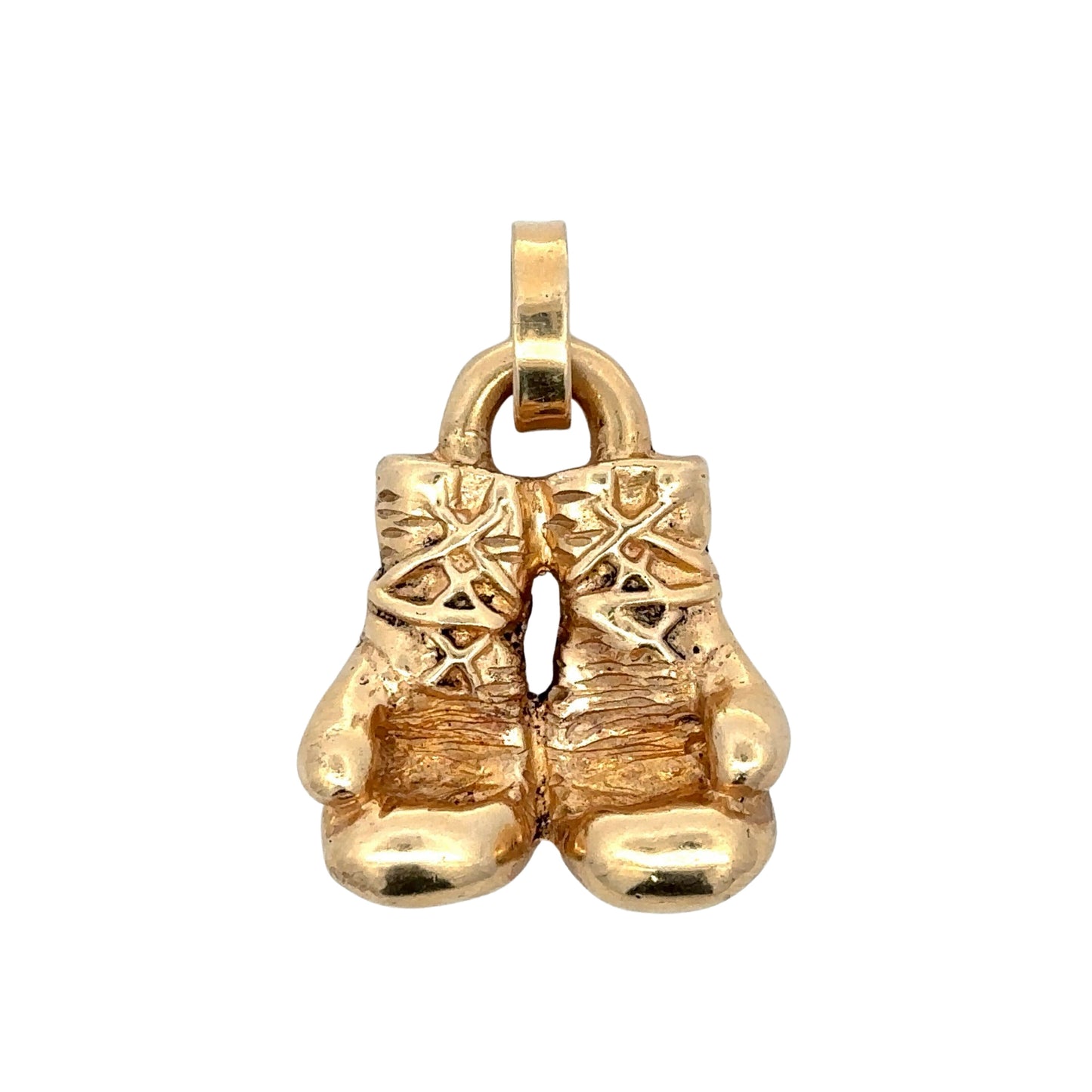 yellow gold boxing pendant with black marks, scratches, + wear to make it look like an antique piece.