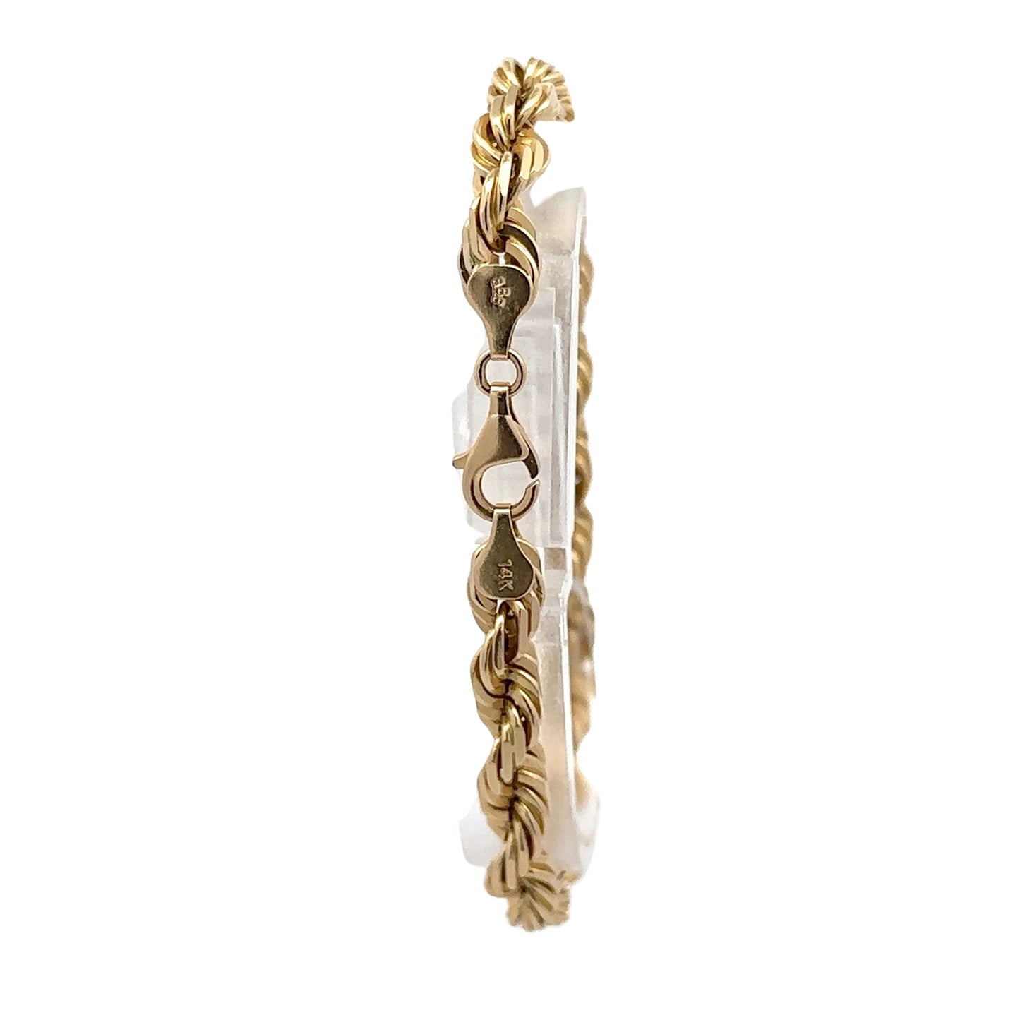 Back of yellow gold rope bracelet with lobster clasp and 14K stamp