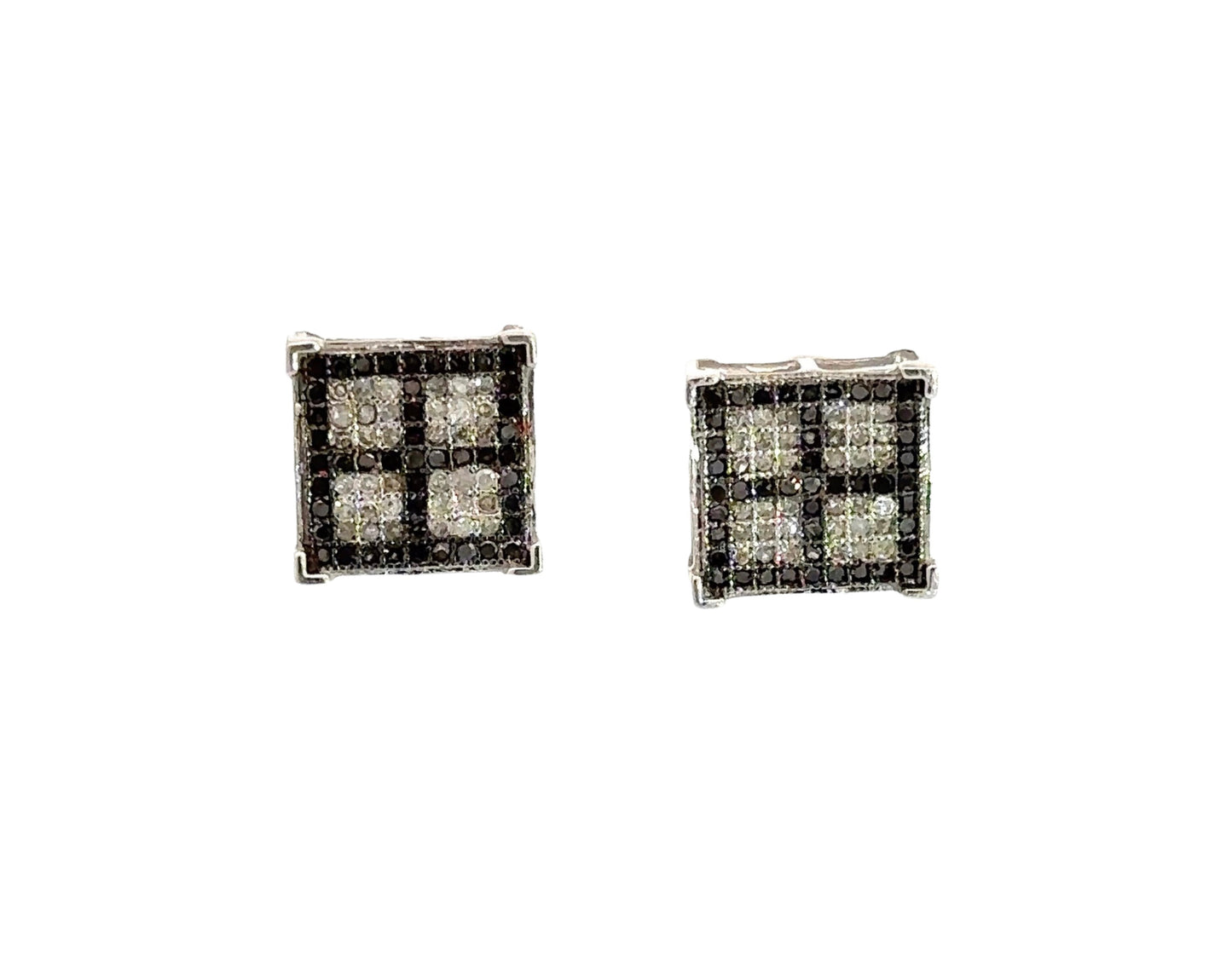 Front of black and white diamond square earrings