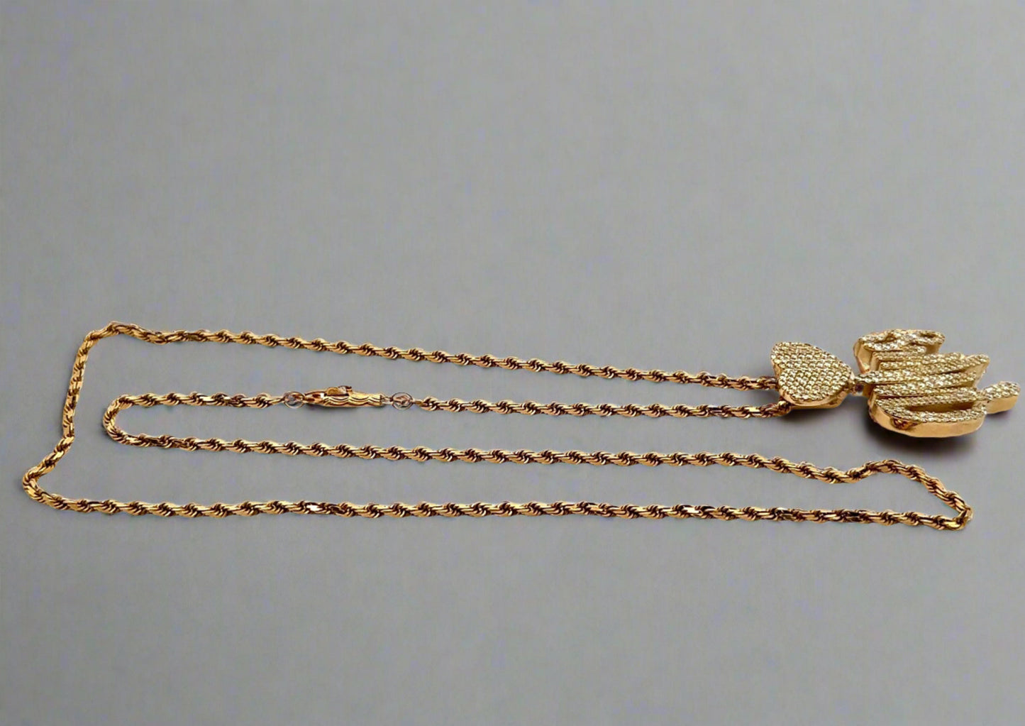 Picture of entire rope chain lying down and Mrs. pendant