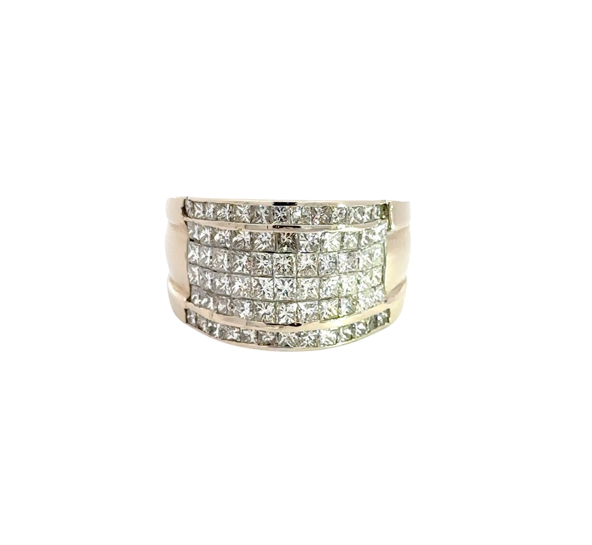 front of white gold ring with 6 rows of princess-cut diamonds on the front