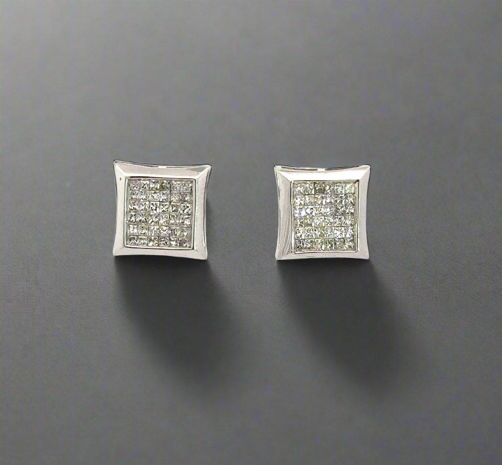 Front of white gold square princess-cut diamond earrings