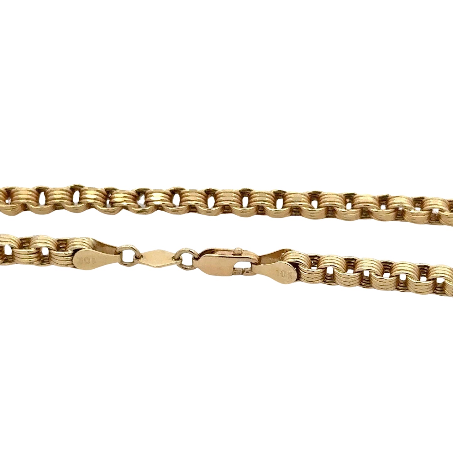 close up of yellow gold chain with 10K stamp on lobster clasp