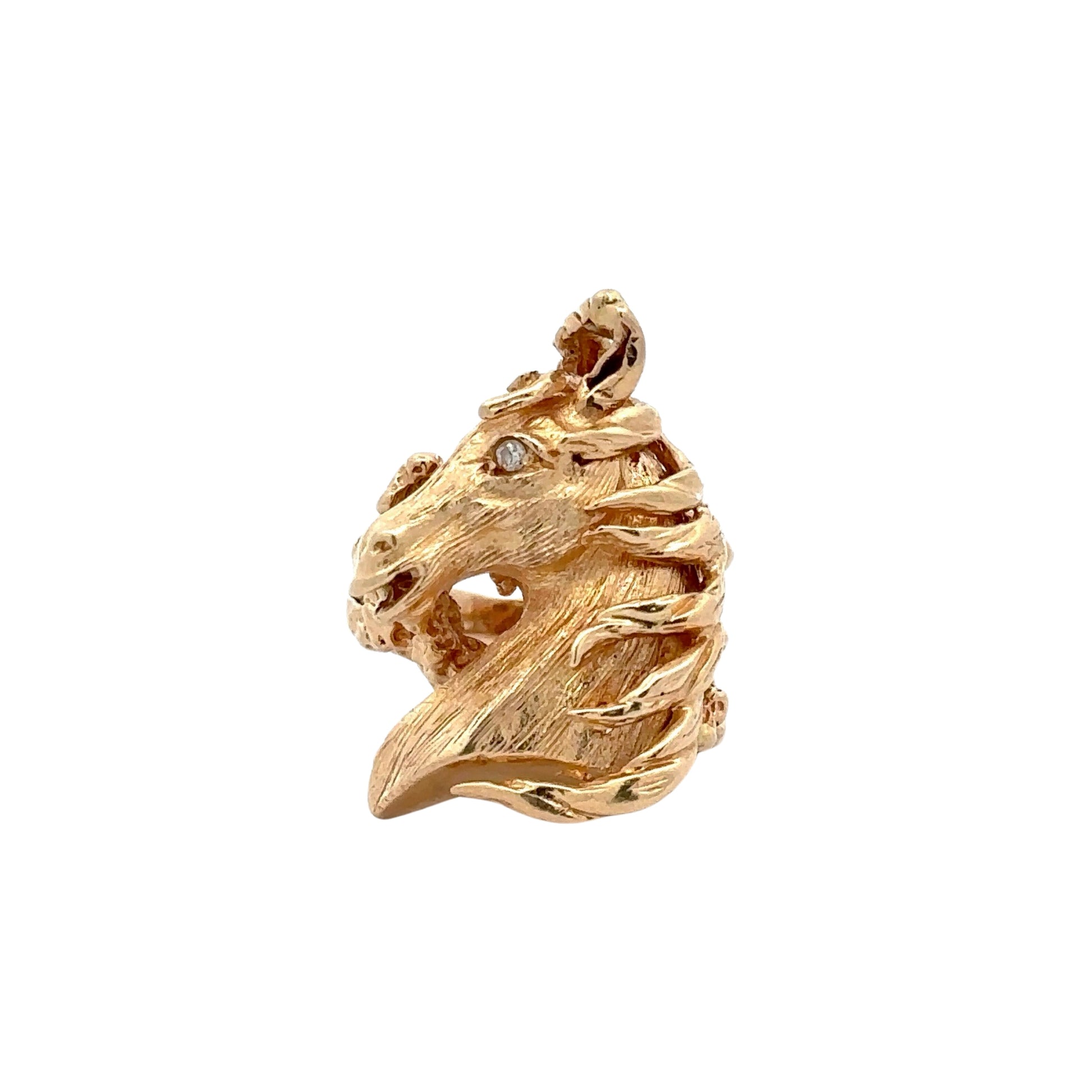 Front of yellow gold horse ring with 1 small round diamond on the eye.