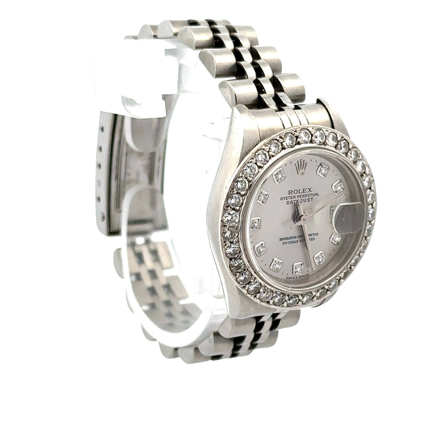 Diagonal view of Rolex Lady Datejust with diamonds on the bezel, diamond hour markers, jubilee band and grey dial.