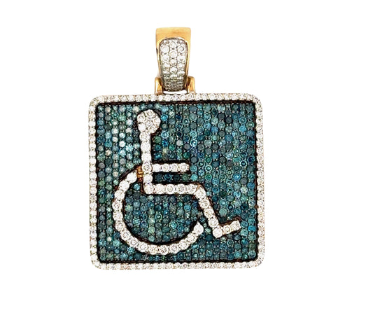 Handicap pendant with white and blue diamonds. The white diamonds feature an outline of a stick person in a wheelchair like the handicap symbol and outline the square pendant. Blue diamonds cover the background.