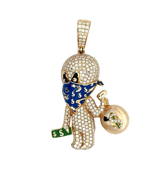 Cartoon ghost with a blue bandana over the mouth and carrying a gold and diamond money bag in one hand and green cash in the other. There are round diamonds over the body