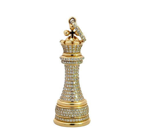 Standing yellow gold king chess piece pendant with round diamonds and yellow gold.
