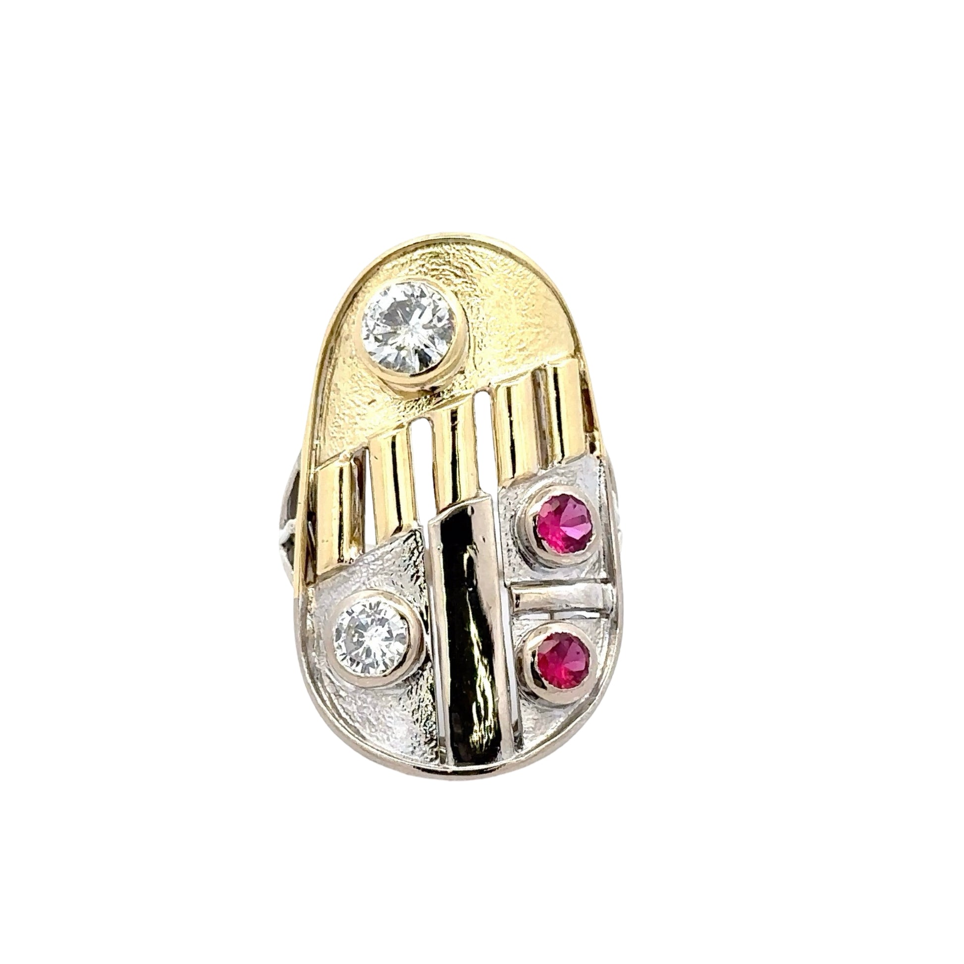 Front of two toned diamond and gemstone ring