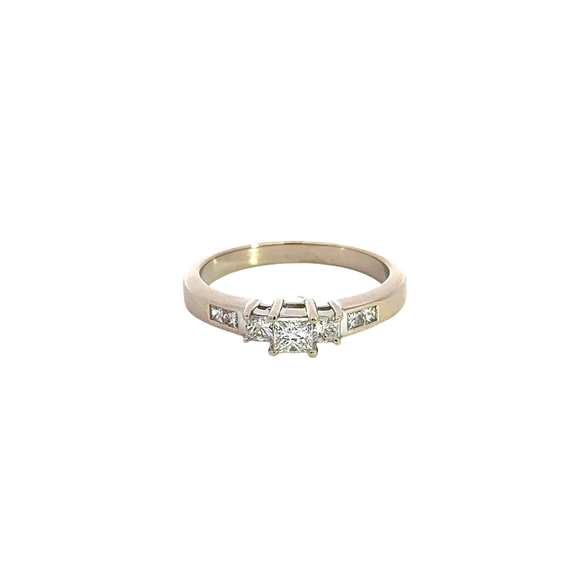 Front of white gold diamond princess-cut ring