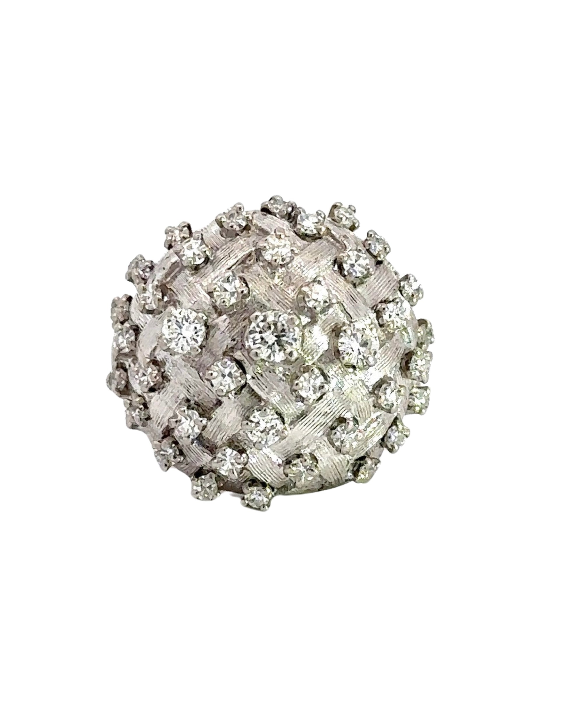 White gold diamond dome-shaped ring with different size round diamonds scattered on the dome