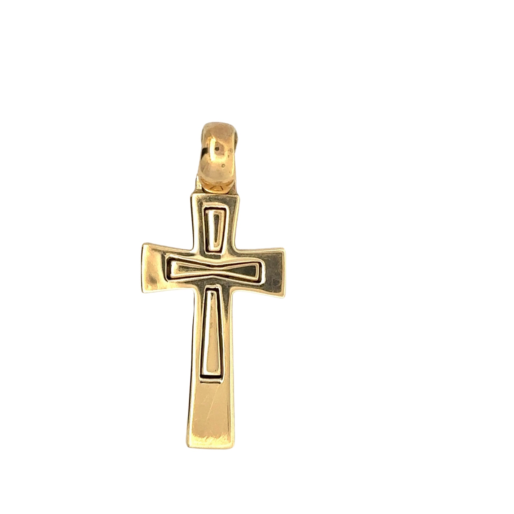 Front of yellow gold cross pendant with scratches