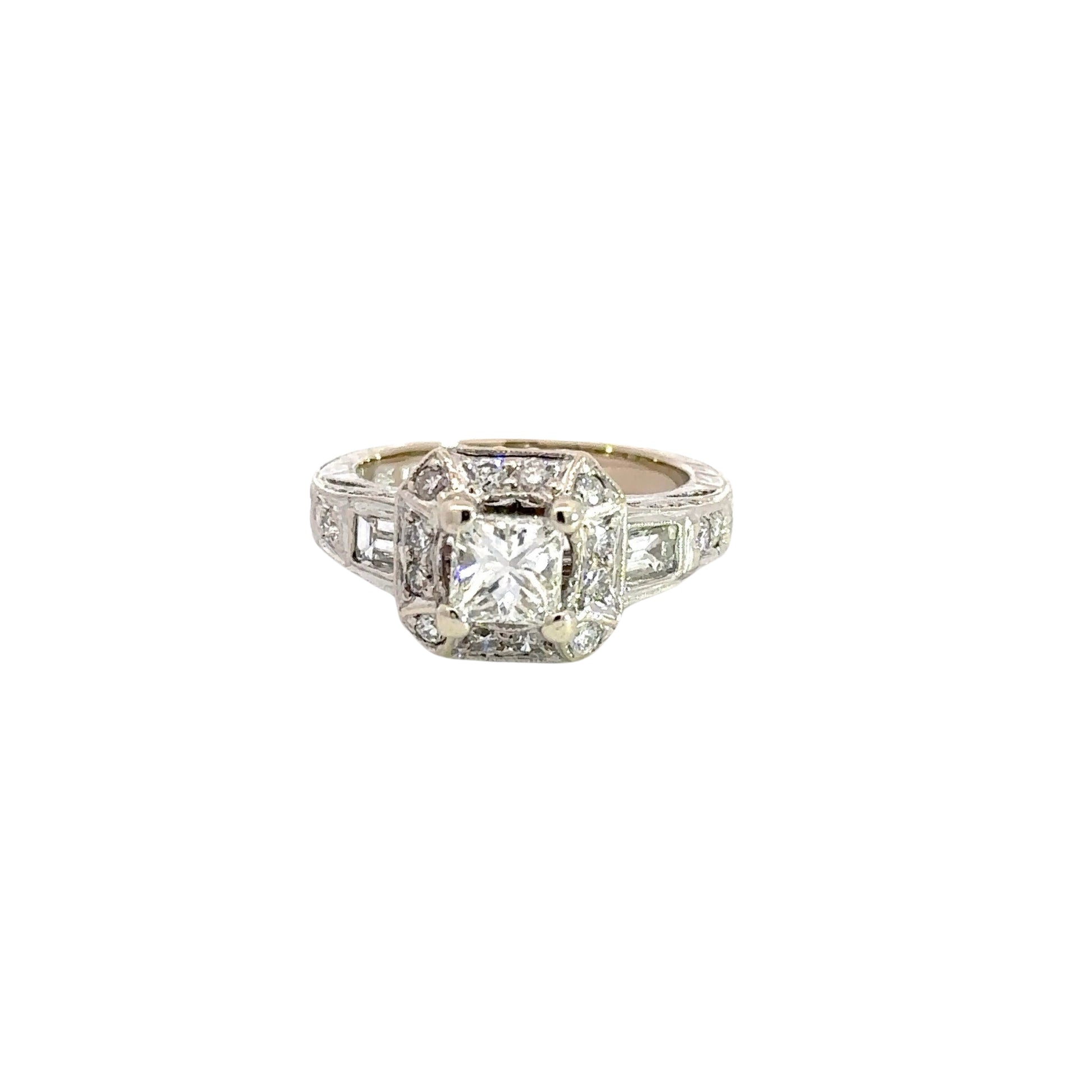 Front of ring with .50 carat princess-cut diamond and 12 small diamonds around the center-stone