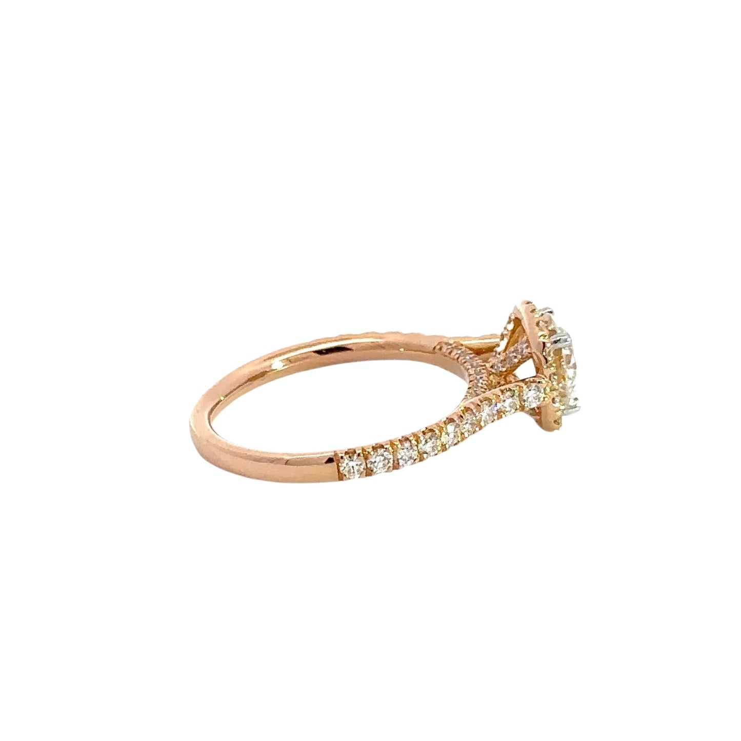 Side of rose gold ring with 9 round diamonds on band
