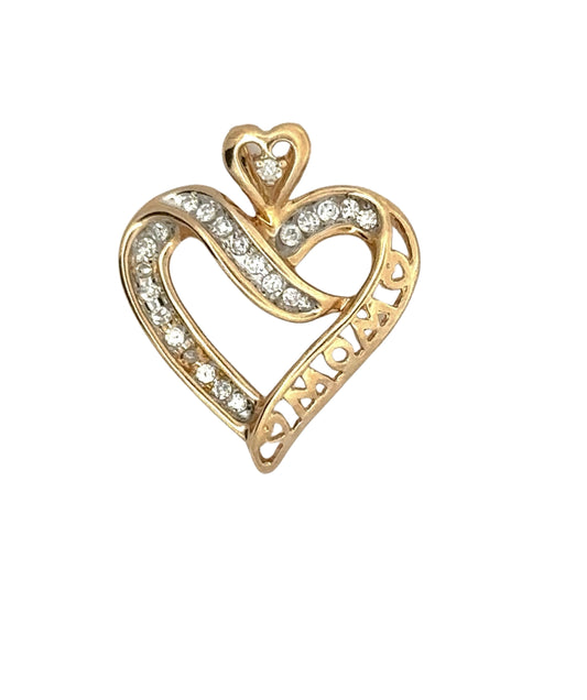 Yellow Gold Mom Diamond Heart Pendant with Heart-shaped bail and diamonds on outline. Mom is in gold detail on side