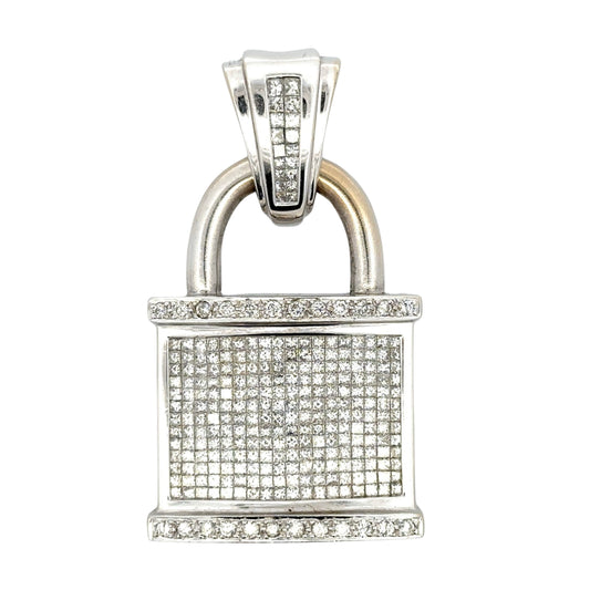 Lock pendant with princess-cut diamonds on the front + on the bail. Round Diamonds on bottom and top of lock in white gold