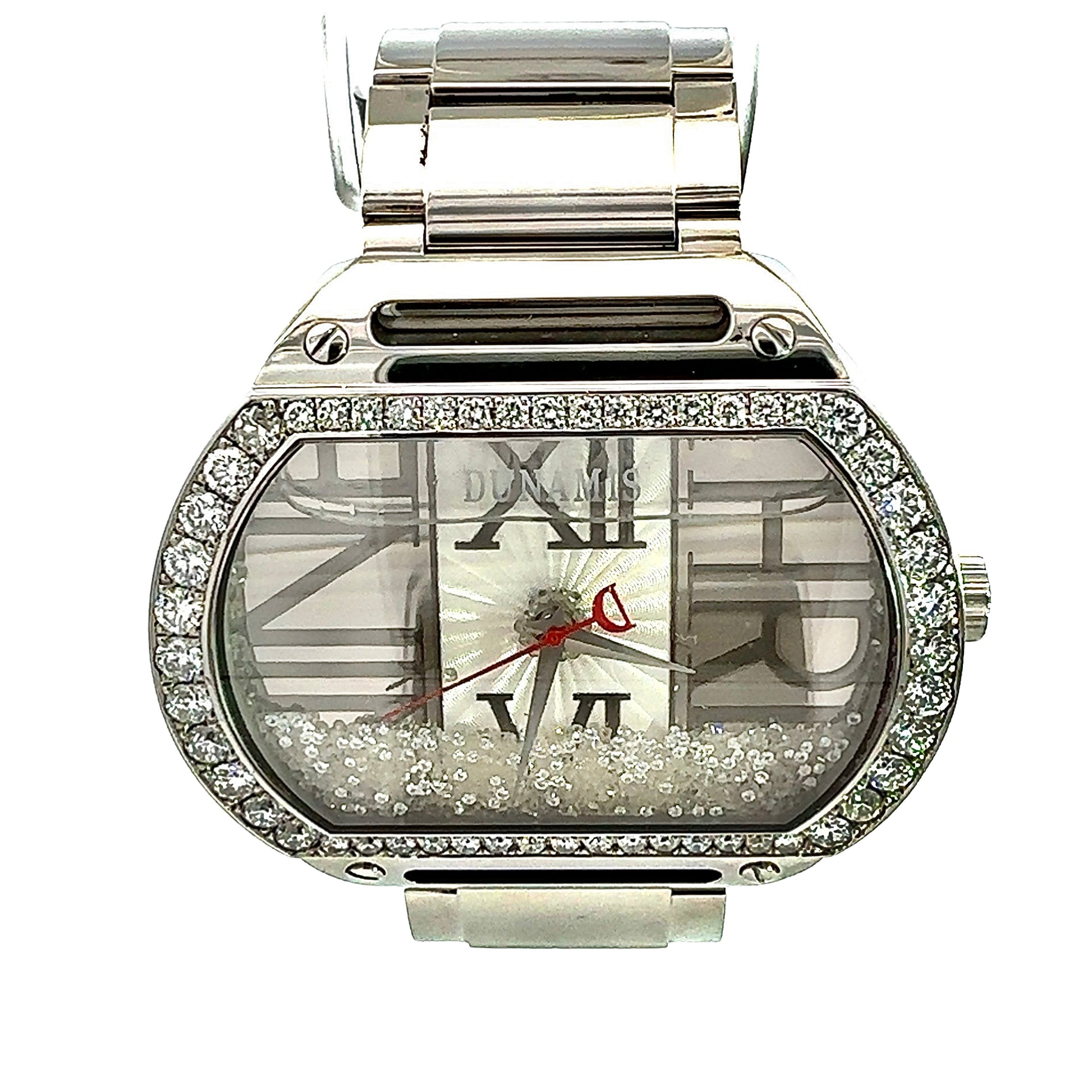 Dunamis Watch face with floating diamonds in liquid and diamonds around case