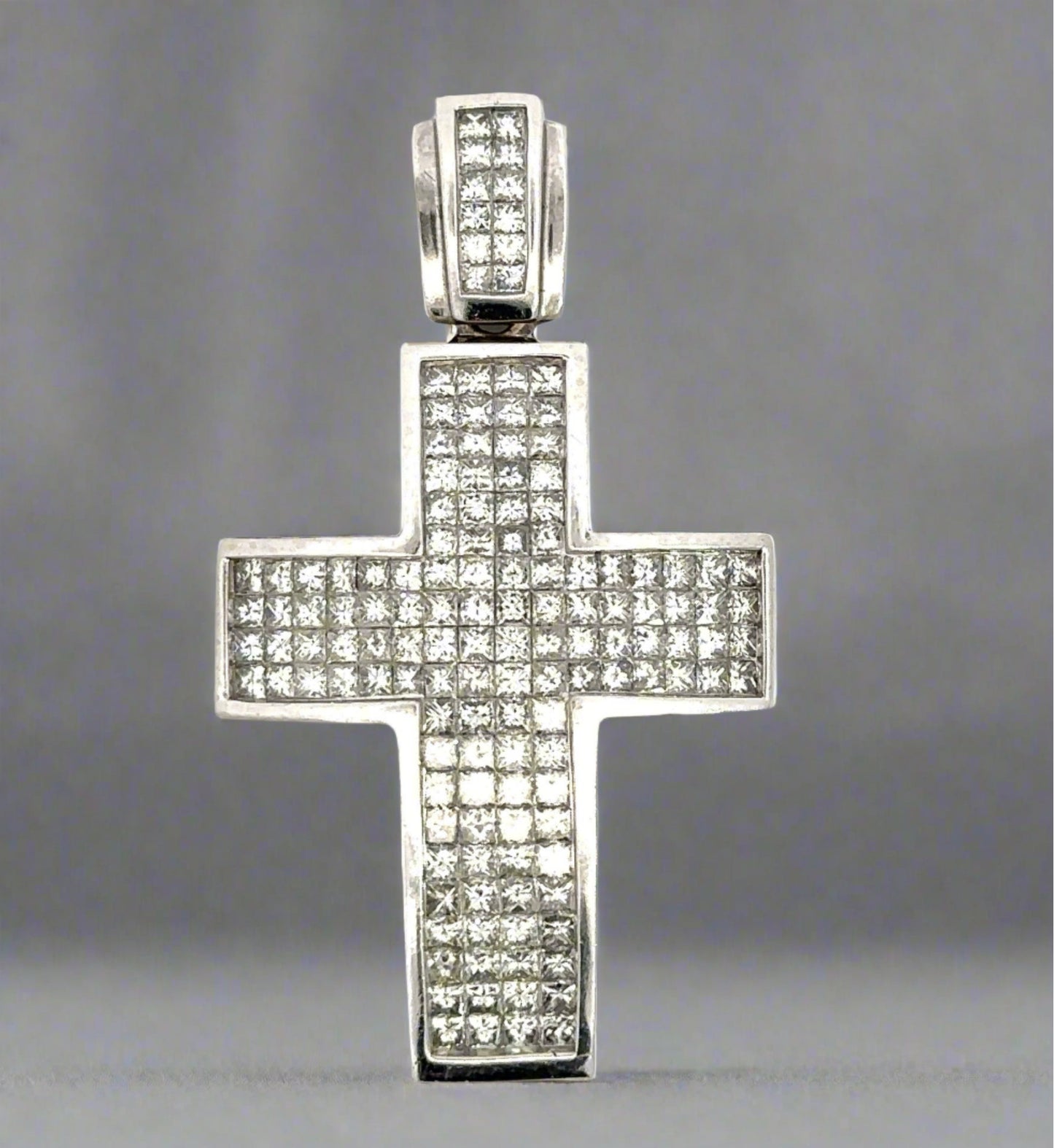 Front of White Gold Diamond Cross with princess-cut diamonds covering pendant