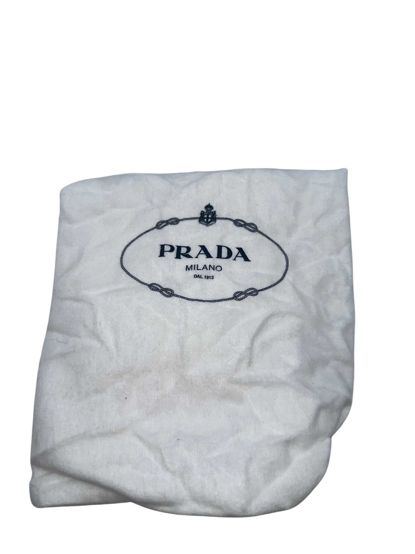 Pictured: The white dustbag for the Prada Galleria Crystal mini satin bag. It has wrinkles and small marks on the bag. It says "Prada Milano"