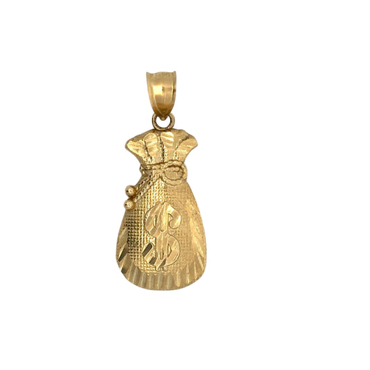 Front of yellow gold money bag pendnat with money sign on front