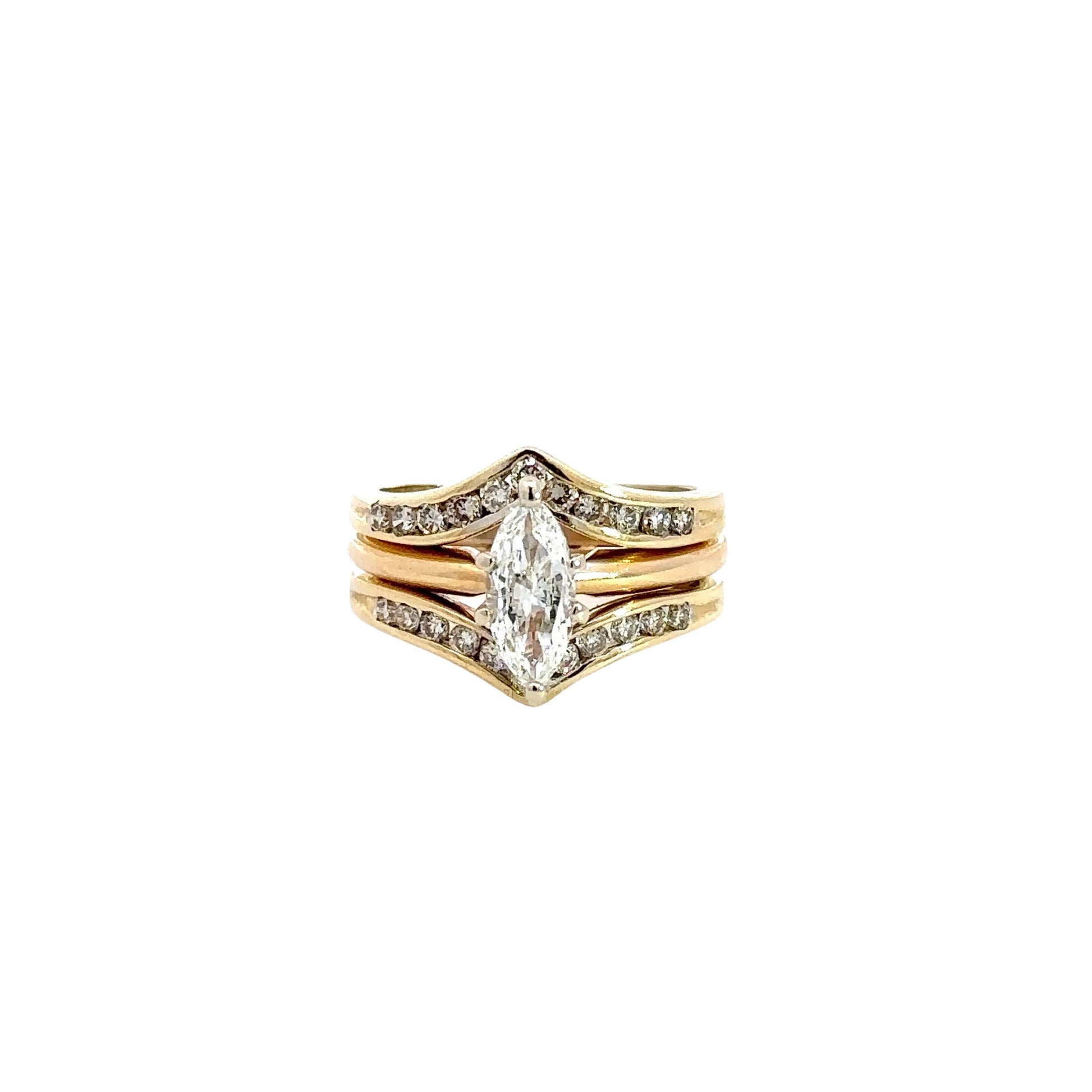 yellow gold ring with diamond marquise center stone and 2 attached bands with small round diamonds