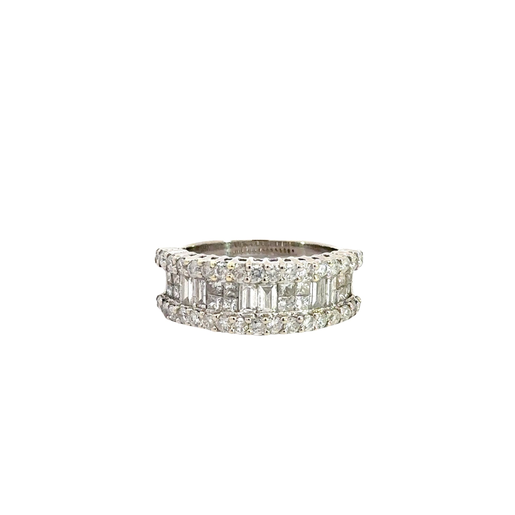 front of white gold band ring with round diamonds on top and bottom and alternating baguette and princess-cut diamonds in middle