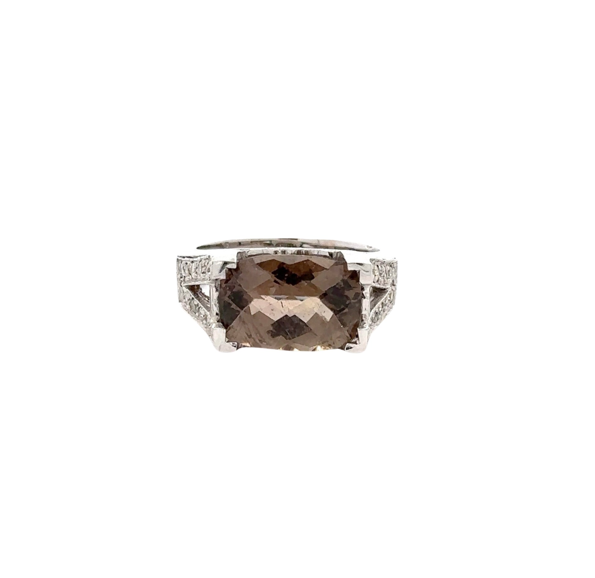Front of ring with large oval-shaped smoky quartz center and small round diamonds on the band in white gold.