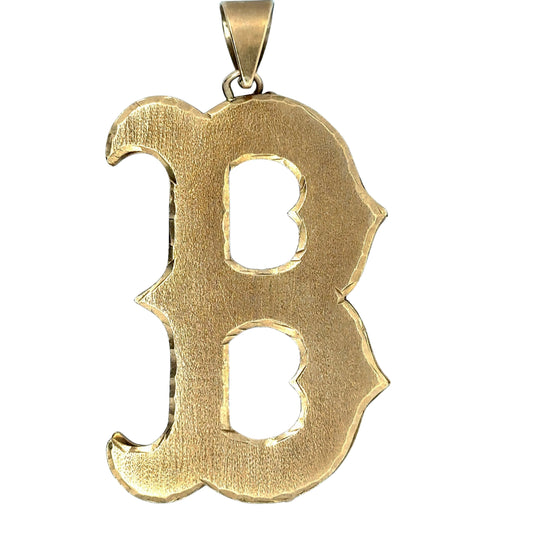 Front of yellow gold B Boston Red Sox logo pendant