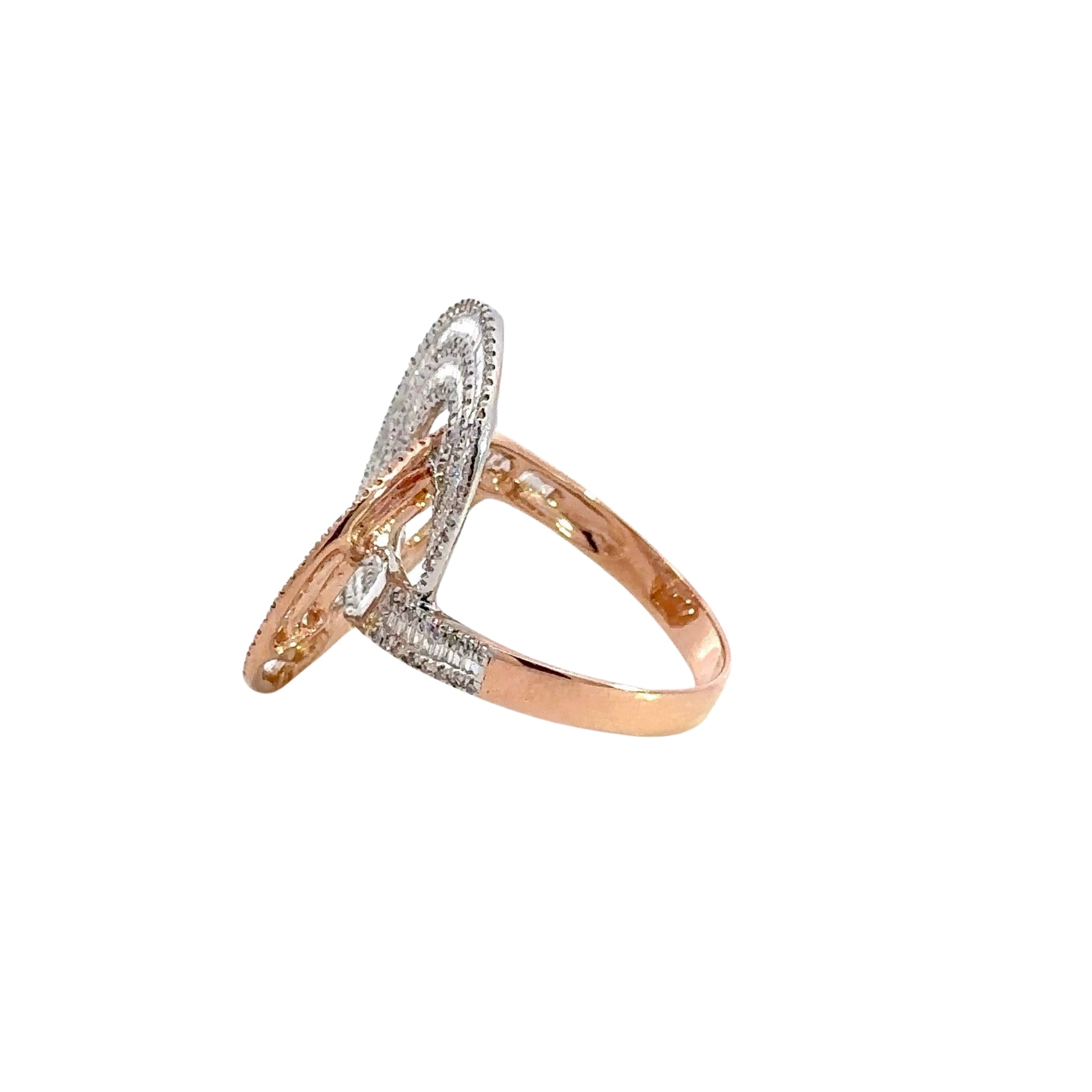 Side of ring with rose gold band and rose gold and white gold infinity sign