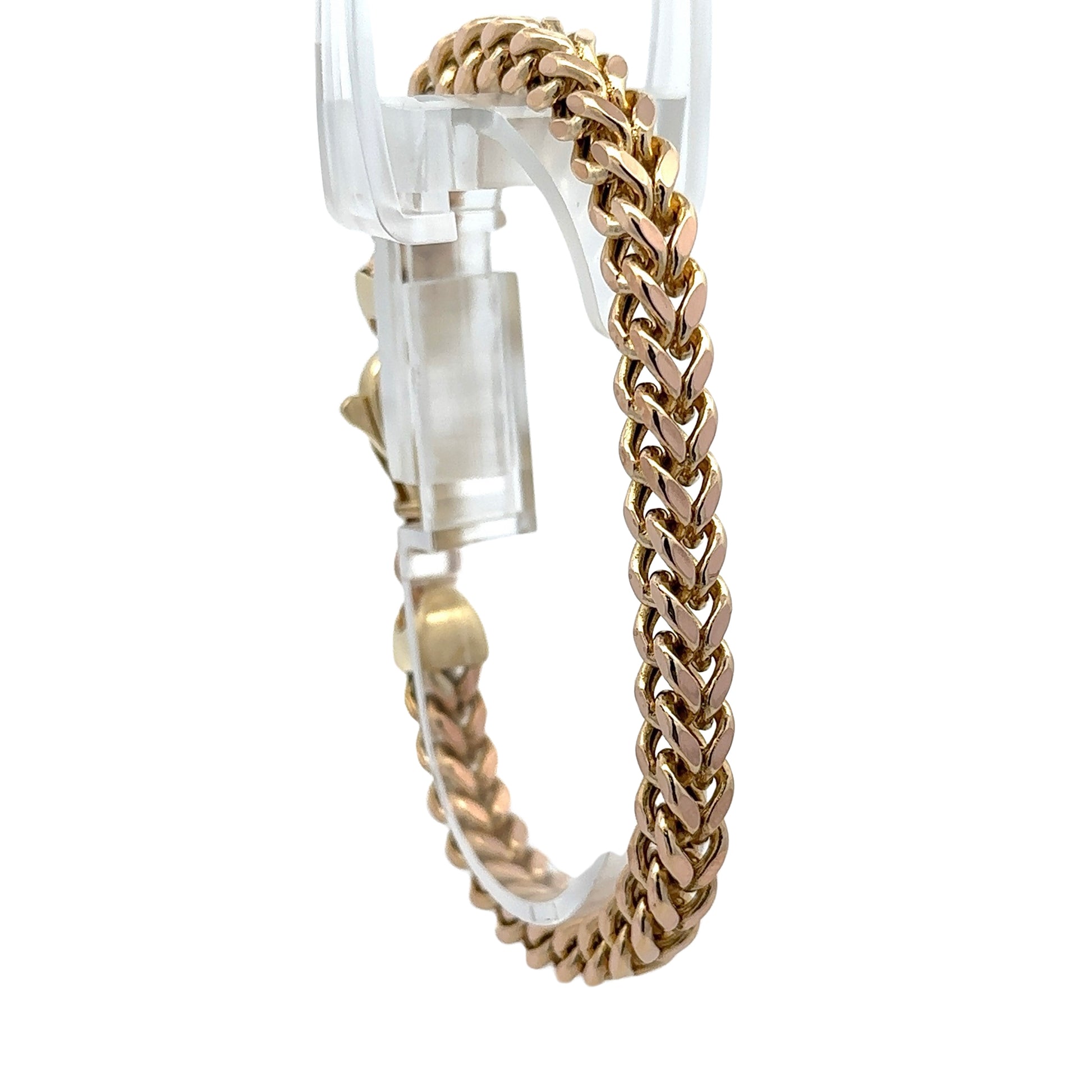 Diagonal view of square franco bracelet in yellow gold