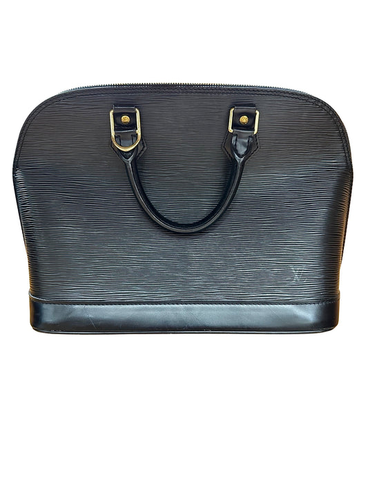 Front of black leather textured bag with 2 top handles
