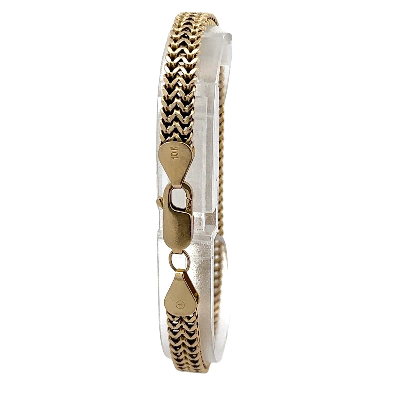 Back of yellow gold franco bracelet with 10K stamp on lobster clasp