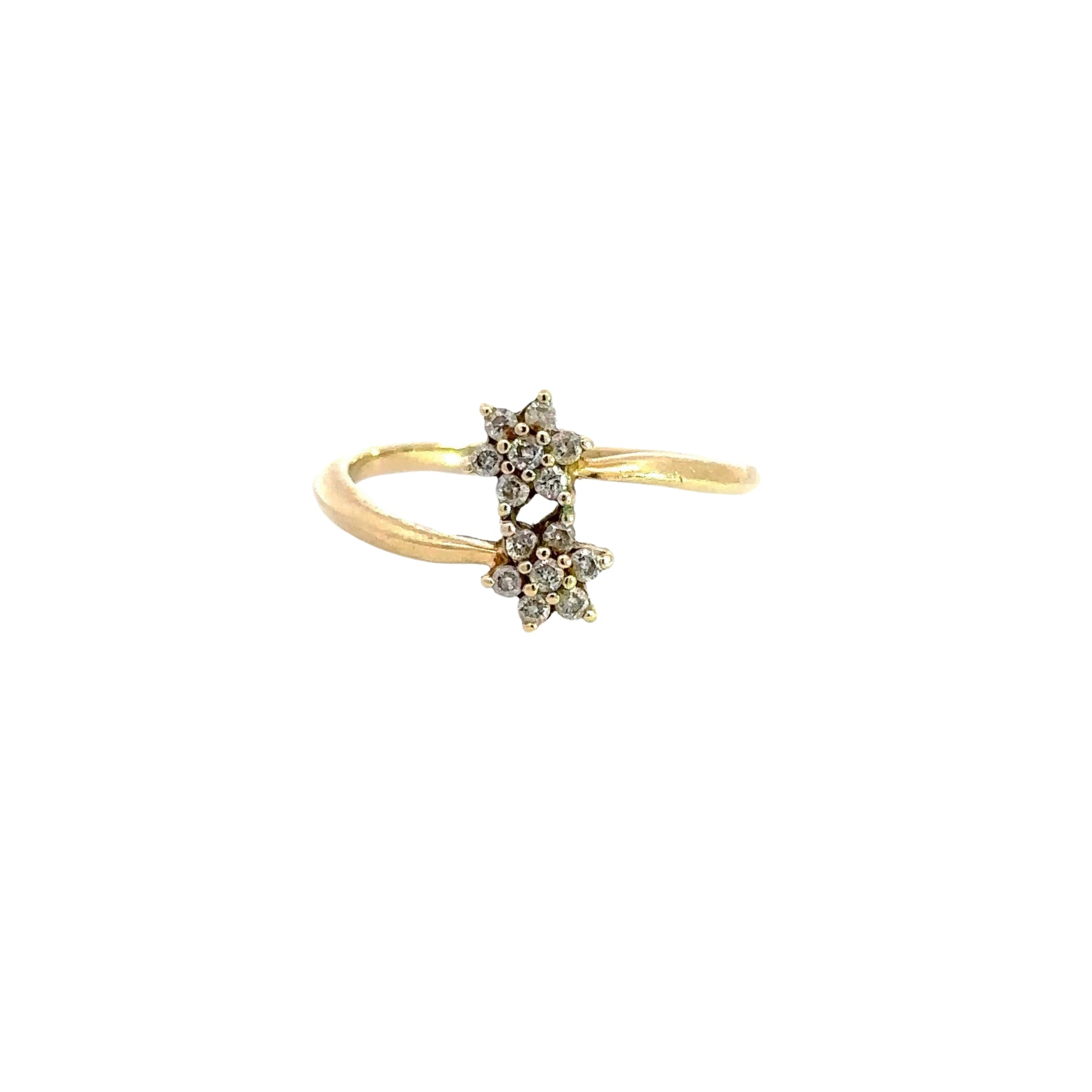Front of ring with 2 diamond sunflowers with 7 small diamonds each