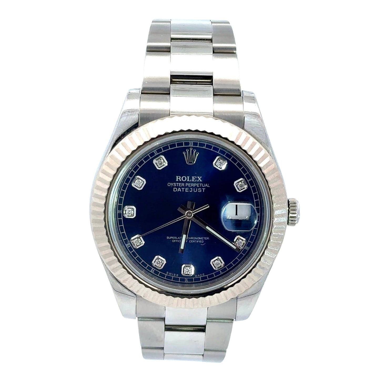 Face of Rolex. Blue face with 10 diamond hour markers, fluted bezel, + oyster band