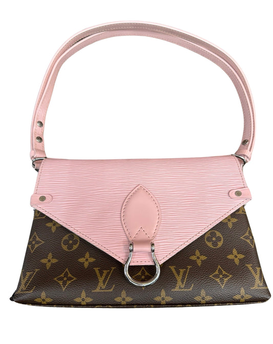 Front of handbag with brown monogram and pink epi leather and silver hardware