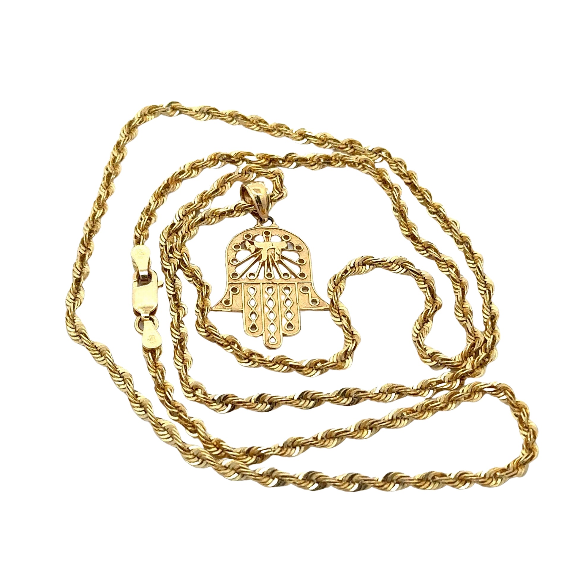 yellow gold rope chain with yellow gold hamsa pendant