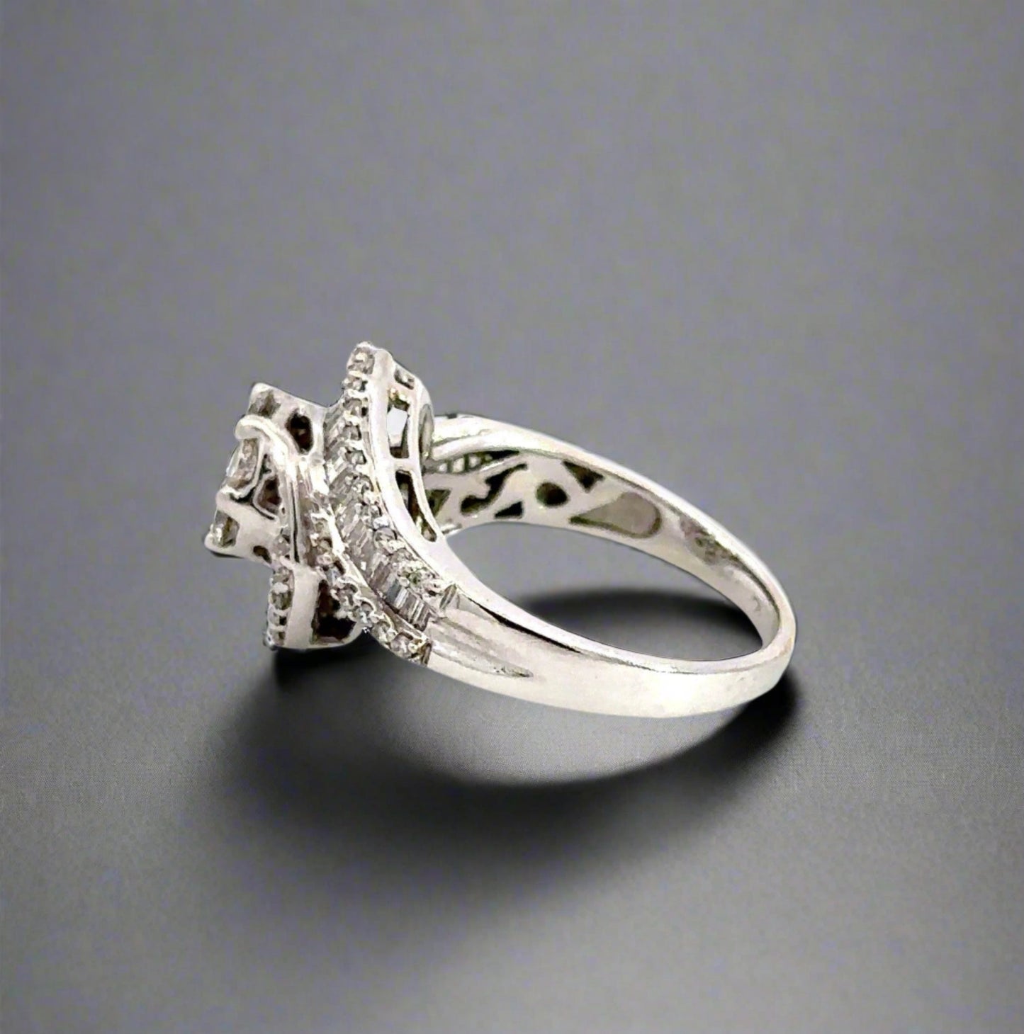 Side of white gold ring with faint scratches on band